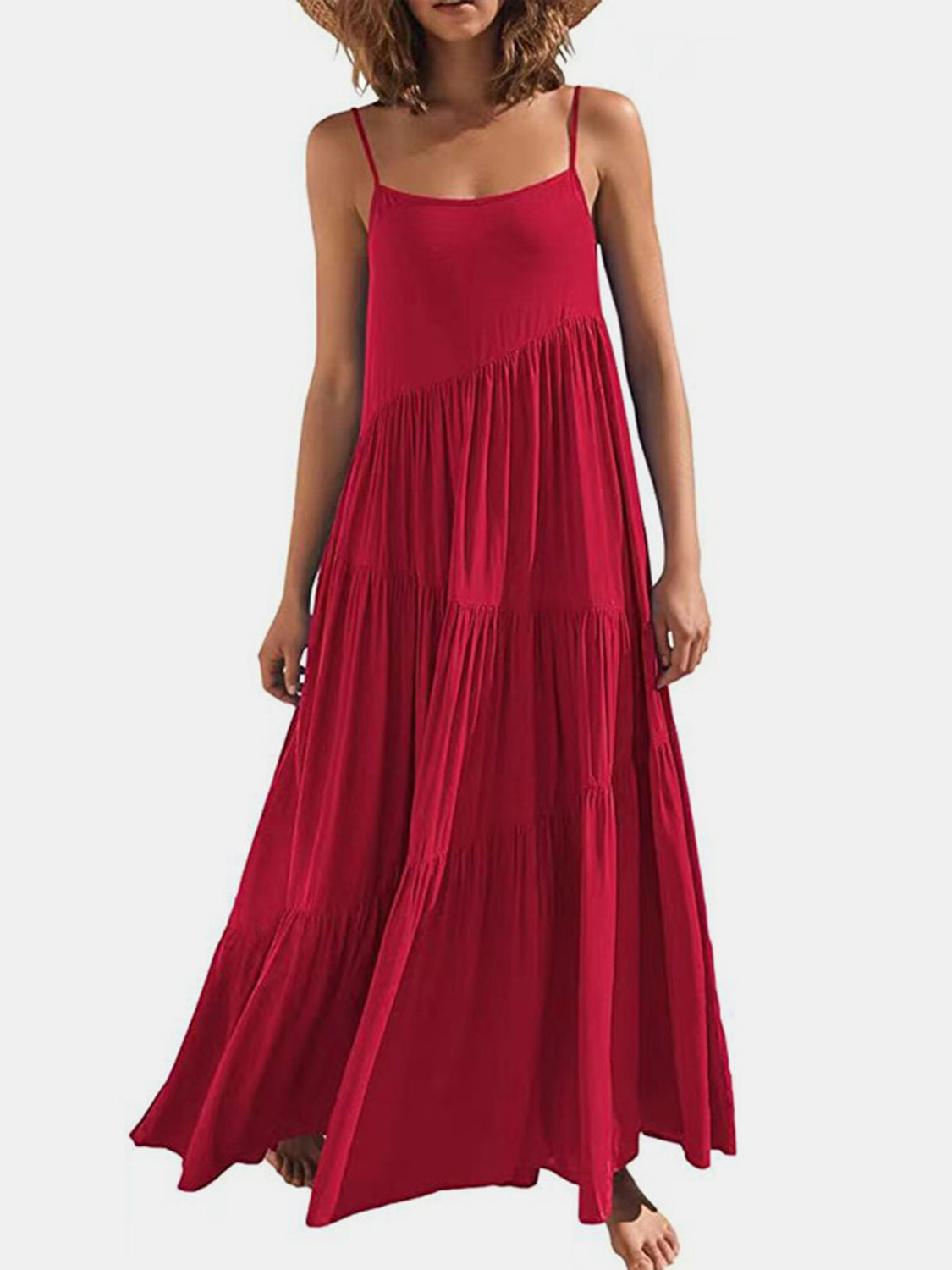 Full Size Ruched Tiered Spaghetti Strap Dress - store name